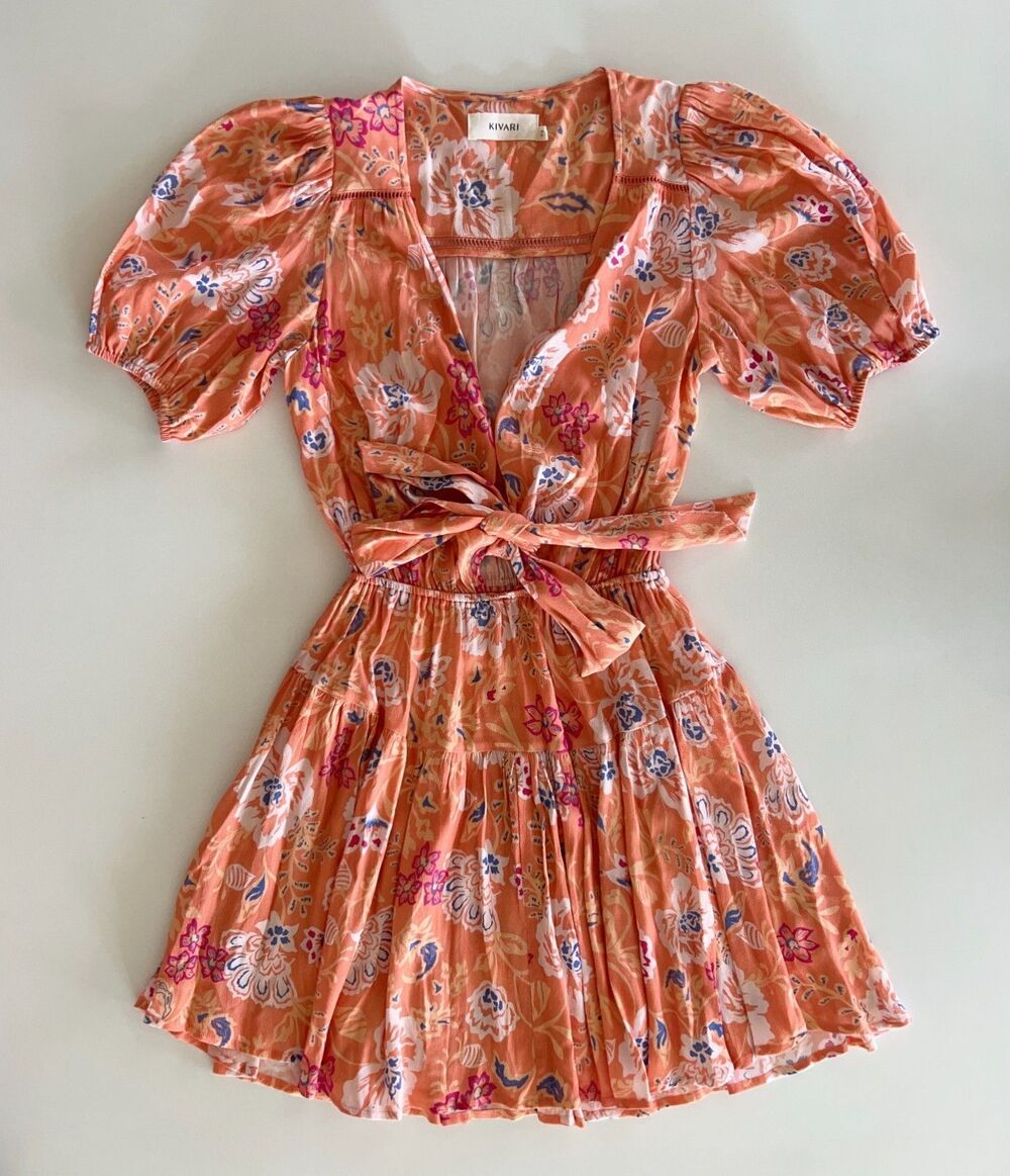 Kivari Orange Floral Puff Sleeve Mini Dress with Tie Waist – Size 2